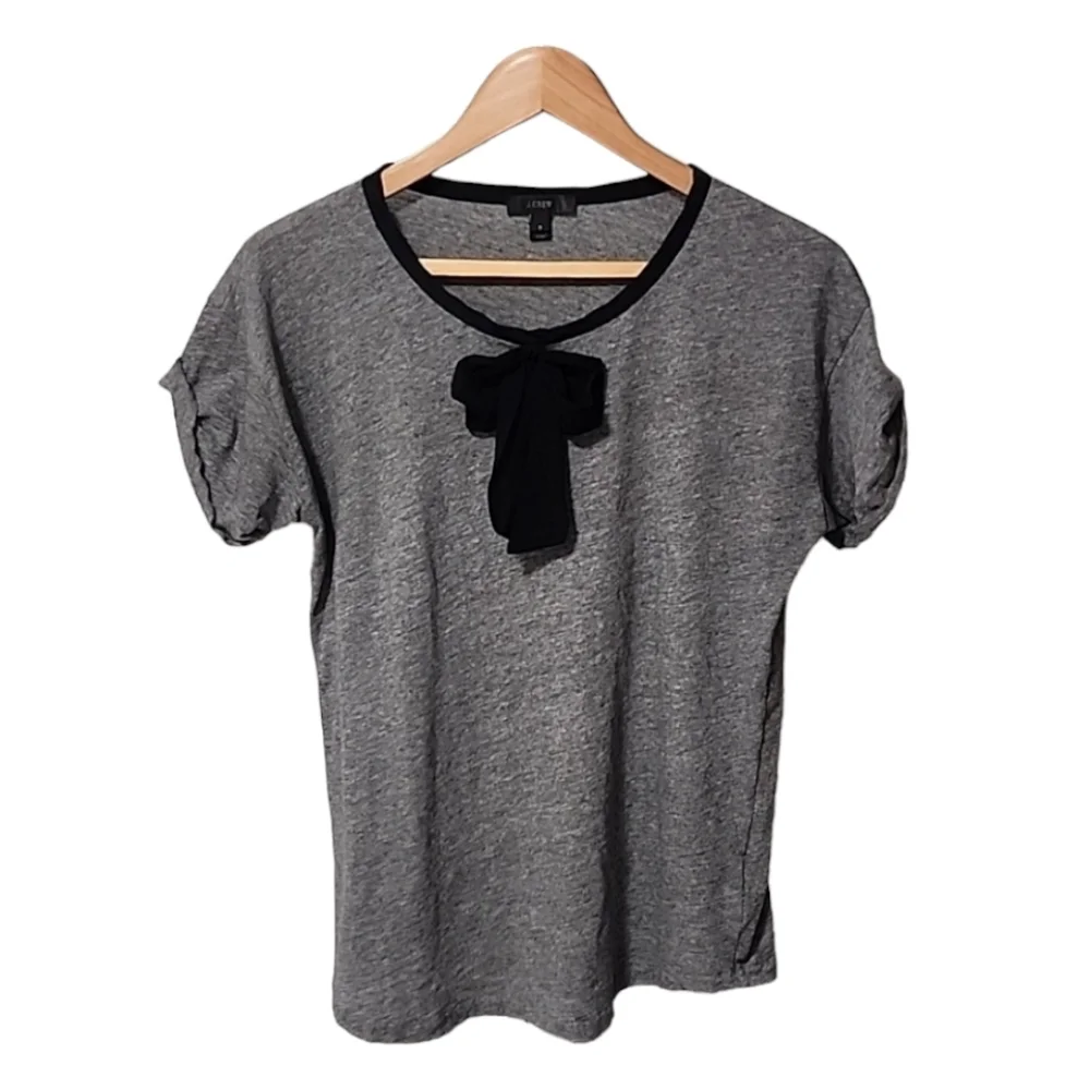 J CREW Gray Tee S Black Bow Applique Silk Trim Heather Grey Top Holiday 2014